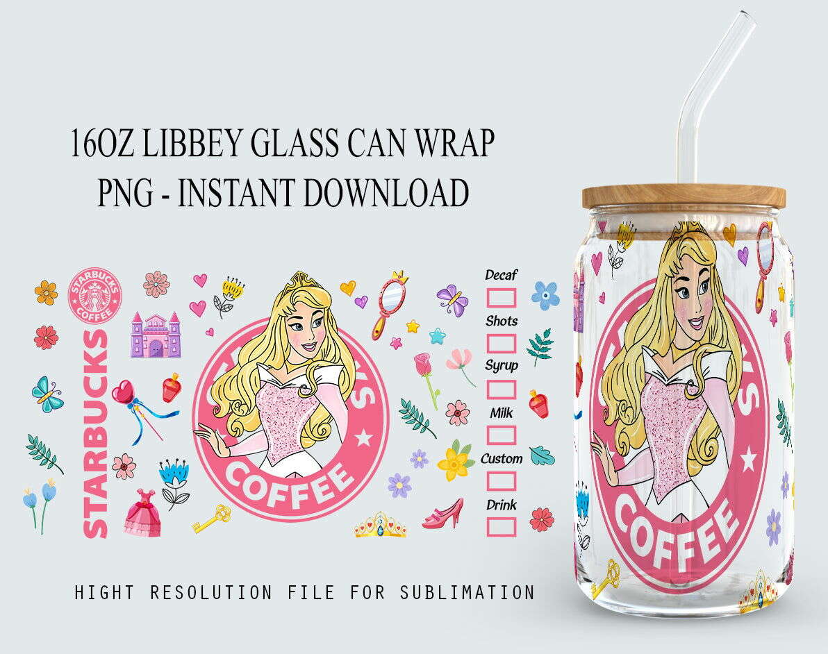 Princess Coffee 16oz Glass Can Png, Libbey Can Glass 16oz, Princess Png Design