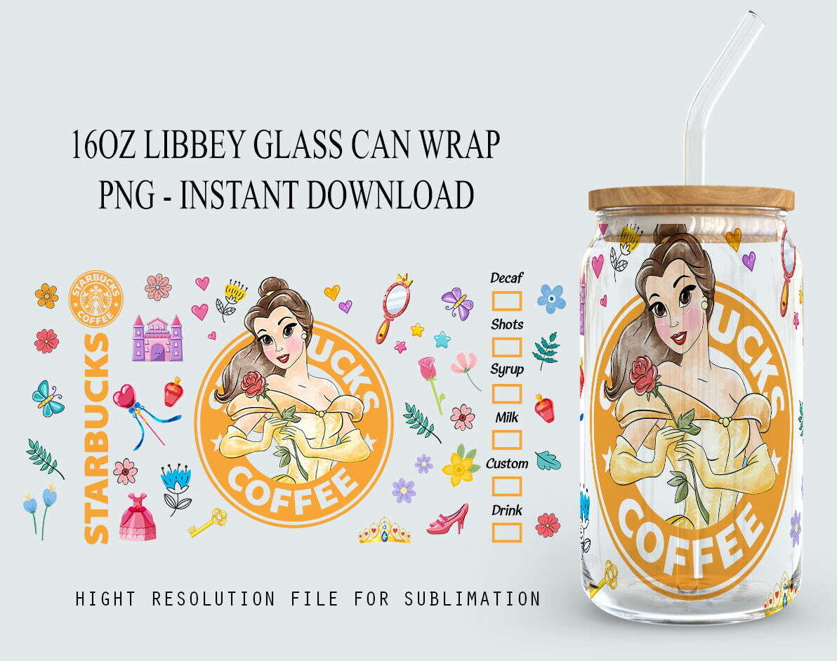 Princess Tumbler, 16oz Glass Can Png, Libbey Can Glass 16oz Wrap Design