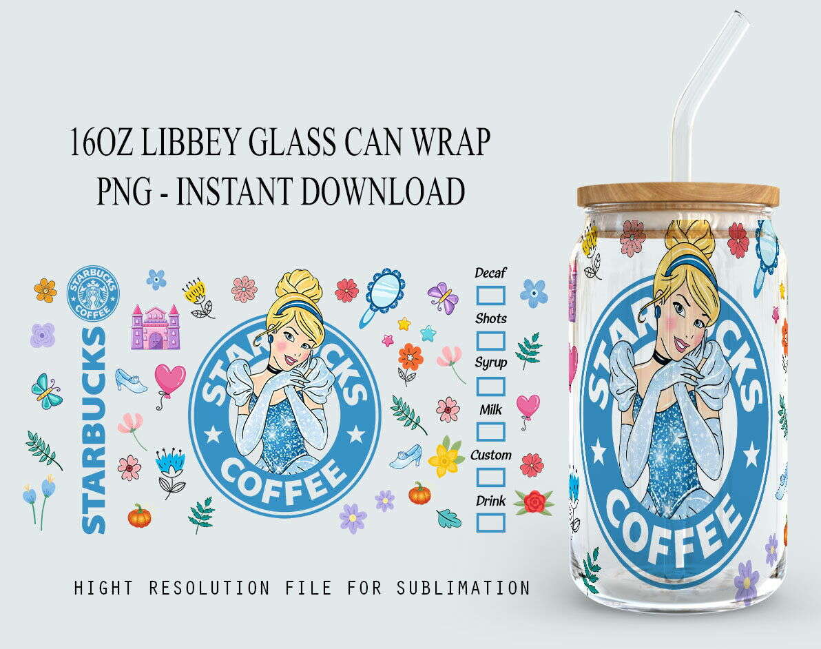 Princess Tumbler, Princess Coffee Glass Wrap, 16oz Glass Can Wrap