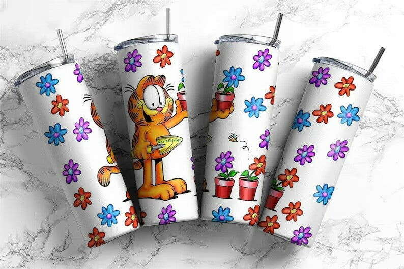 Retro 80's Cartoon Tumbler Wrap, 20oz Tumbler Png Design, Yellow Cat Sublimation Wrap