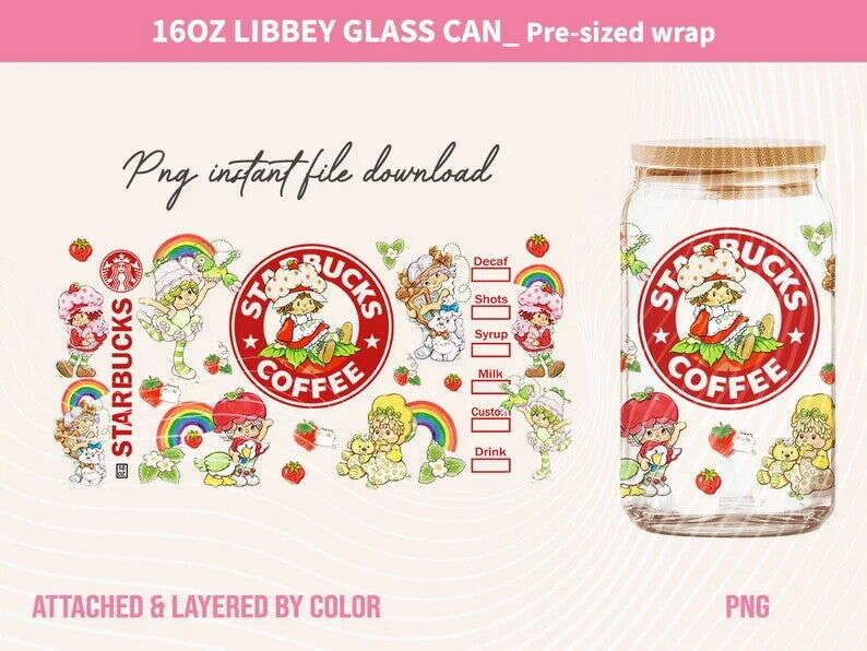 Retro Strawberry Can Glass, 16oz Can Glass Wrap Design PNG, Retro Cartoon 80s Tumbler