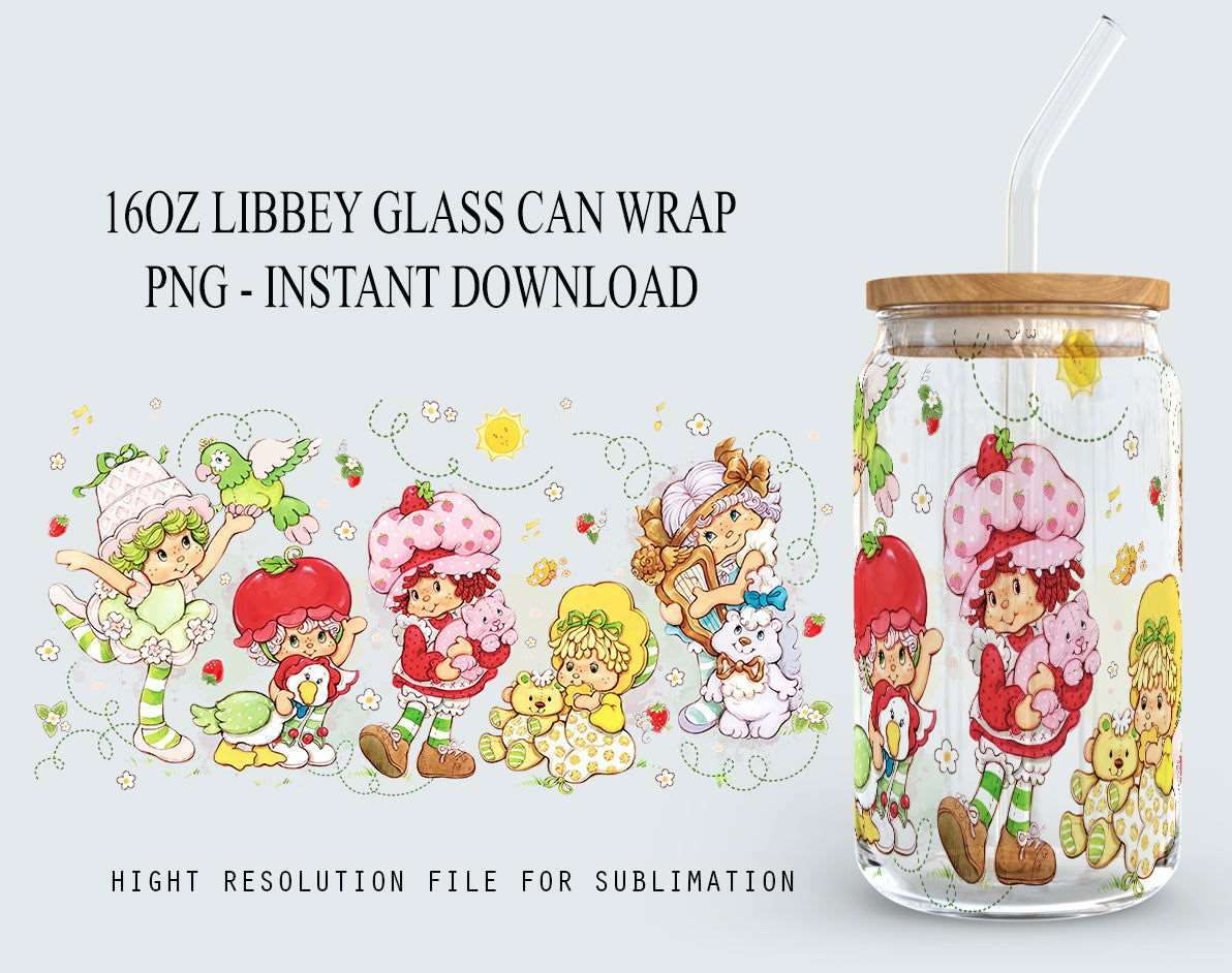 Strawberry Glass Can Png, Cartoon 80s Can Glass, 80s cartoons png, rainbow girl Libbey Glass Can