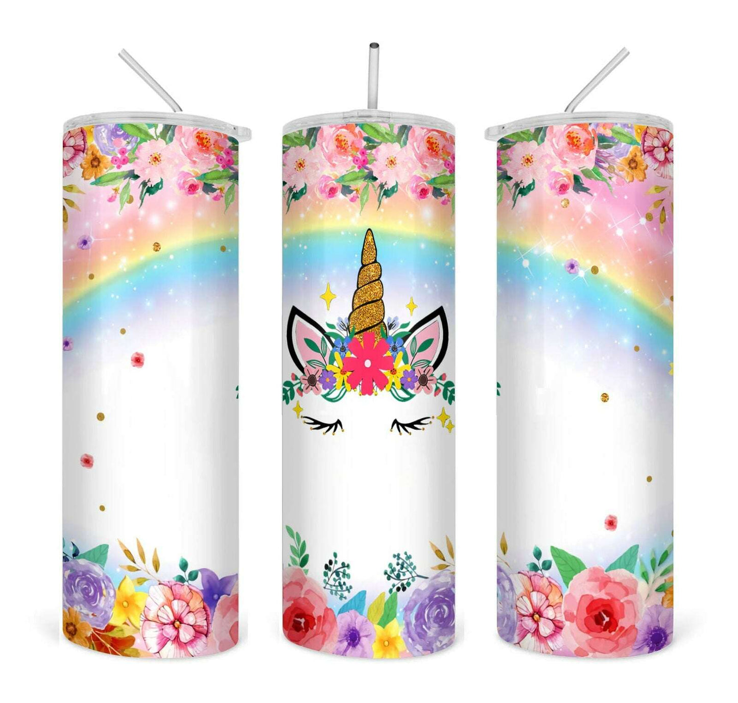 Unicorn Rainbow Flowers straight 20oz skinny tumbler digital