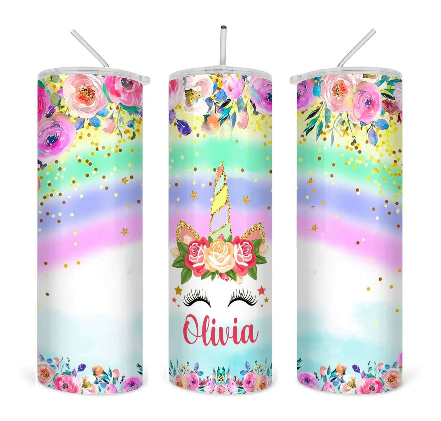 Unicorn Rainbow Flowers straight 20oz skinny tumbler digital