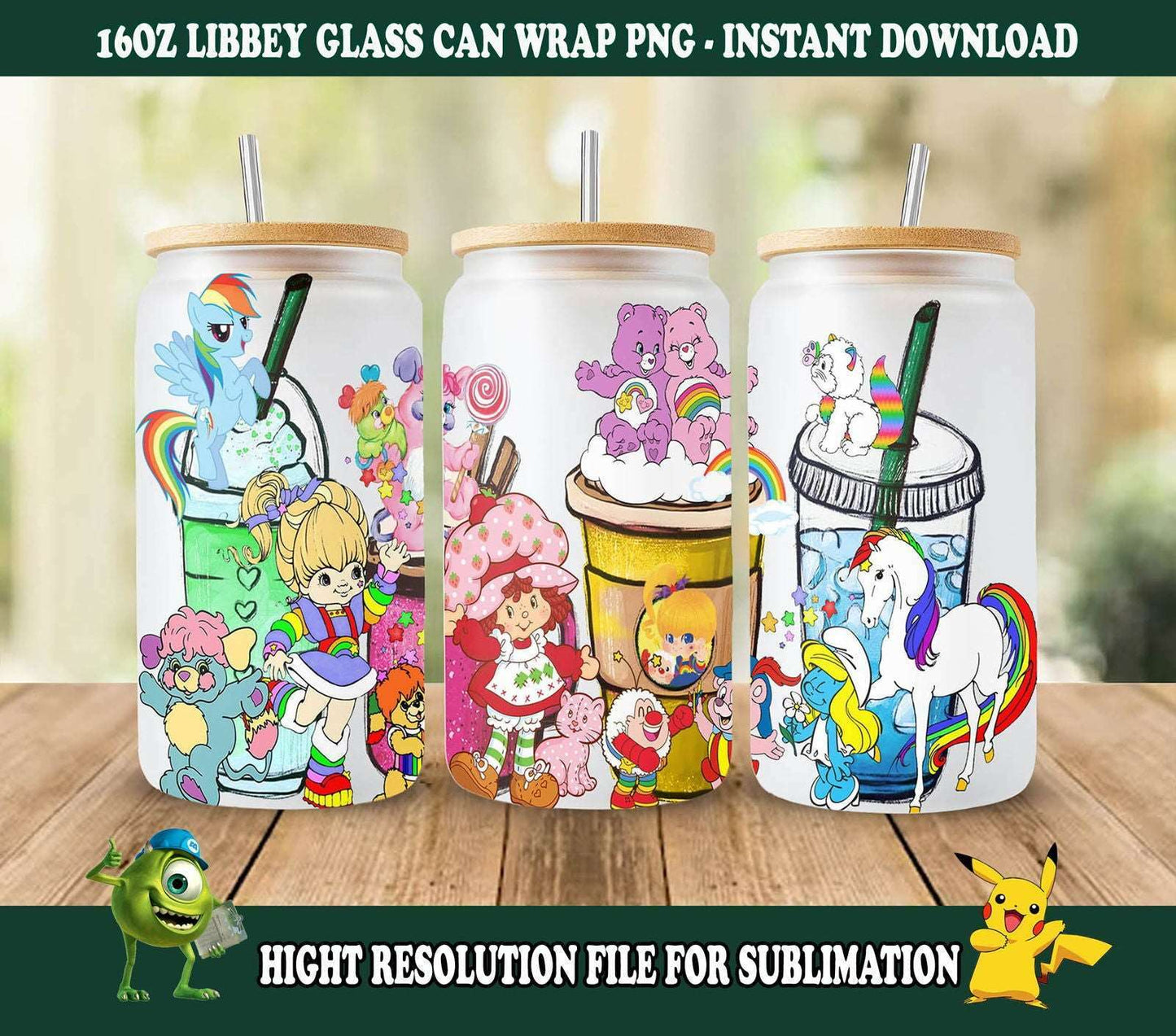 Vintage 80's Cartoon Coffee, 16oz Can Glass Wrap Design PNG