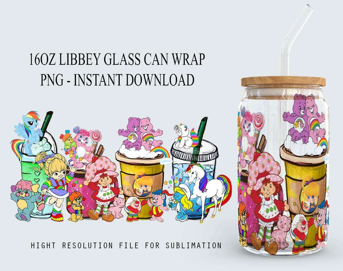 Vintage 80's Cartoon Coffee, 16oz Can Glass Wrap Design PNG