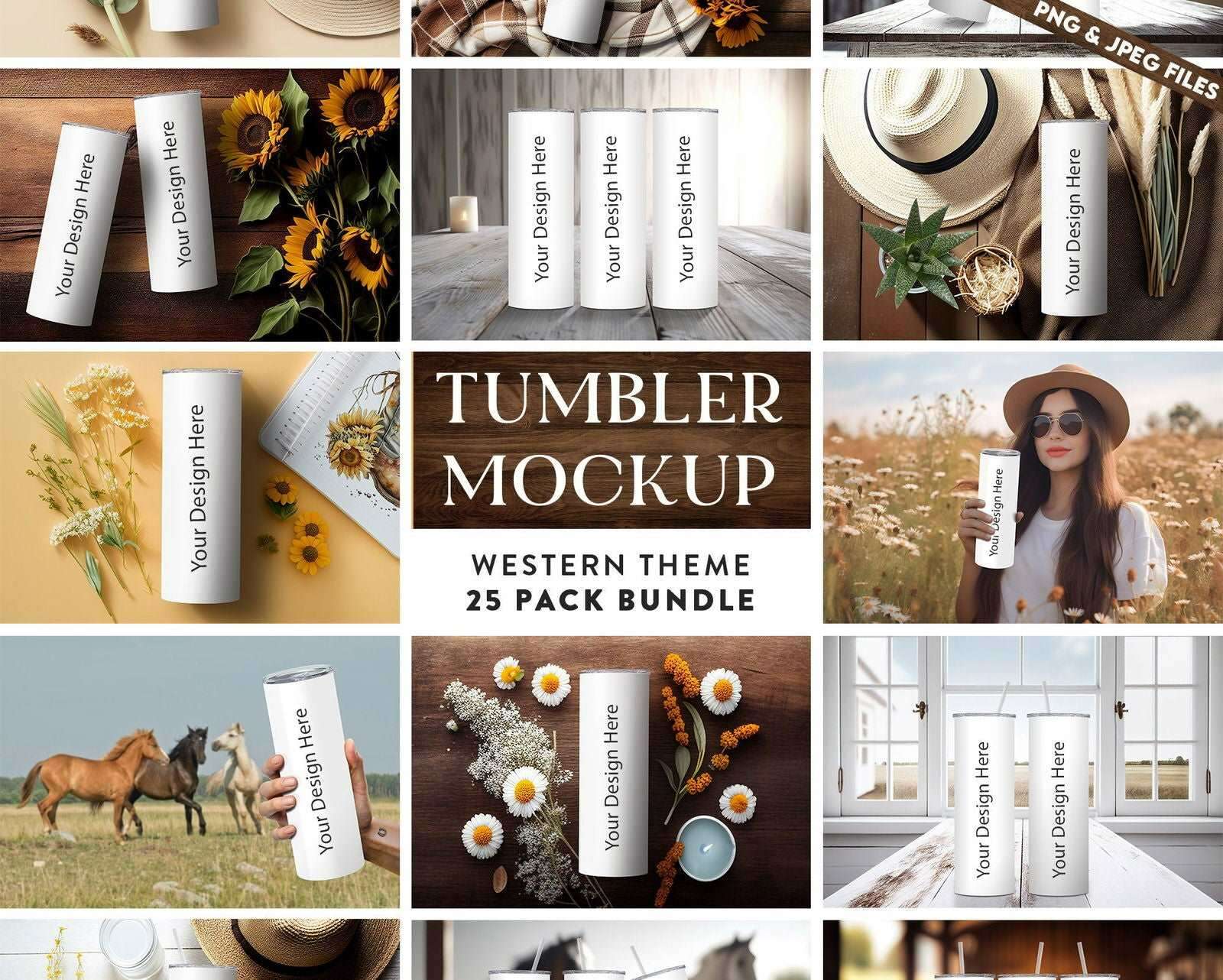 25 x Western Theme Skinny Tumbler Mockup Bundle  20oz Tumbler Mock-Up