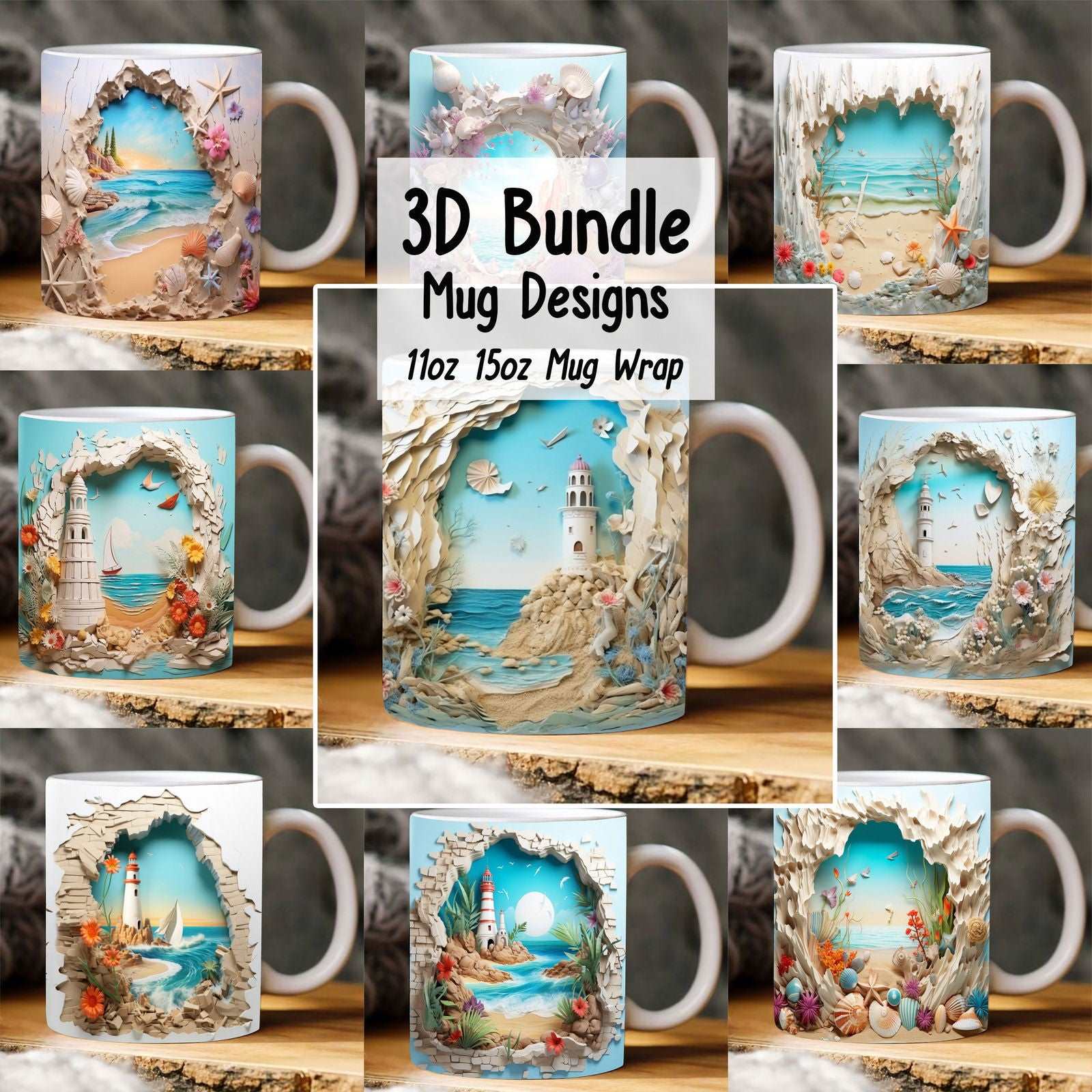 3D Hole In A Wall Beach Landscape Mug Wrap Bundle Design 