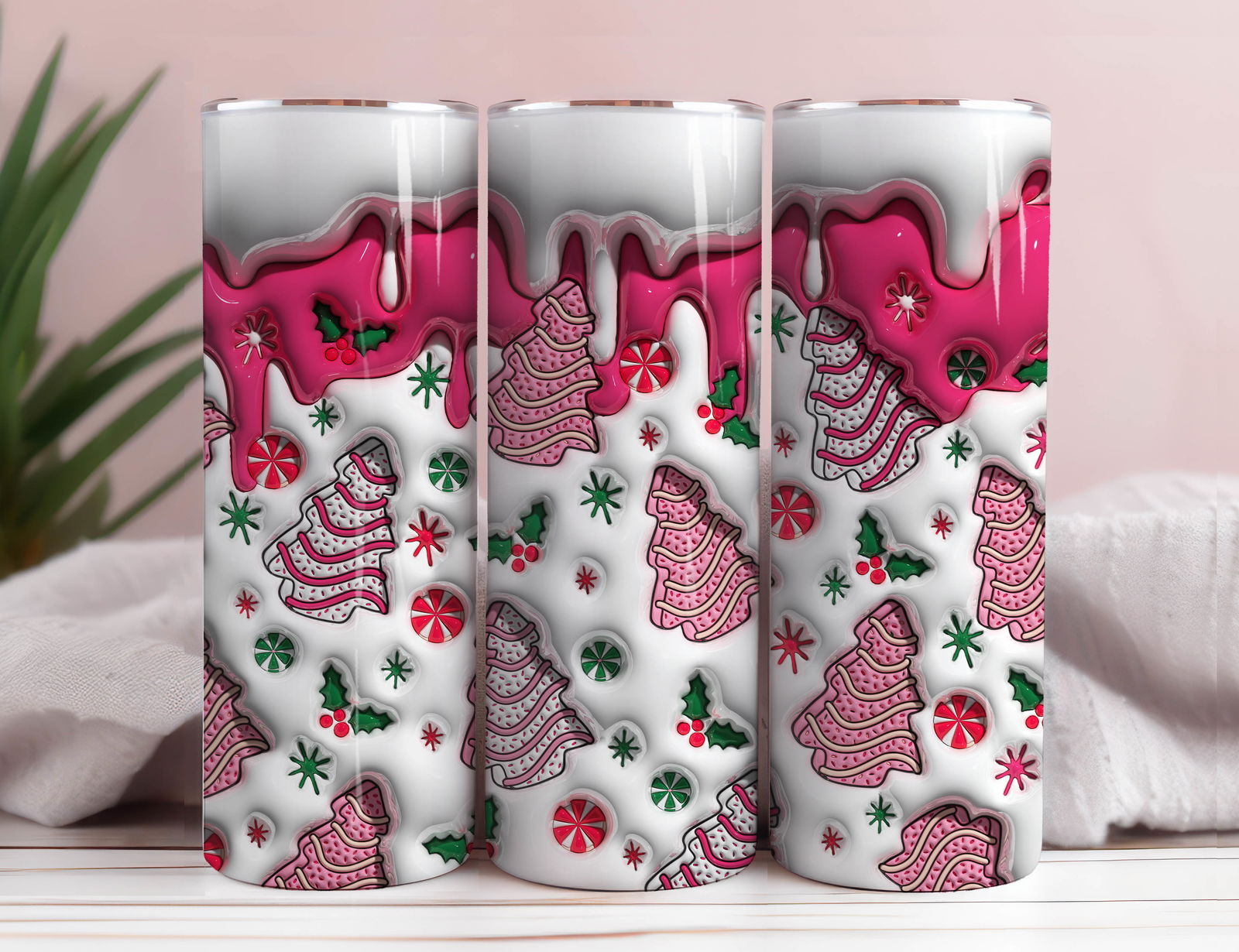 3D Pink Christmas Tree Cakes Inflated Tumbler Wrap 