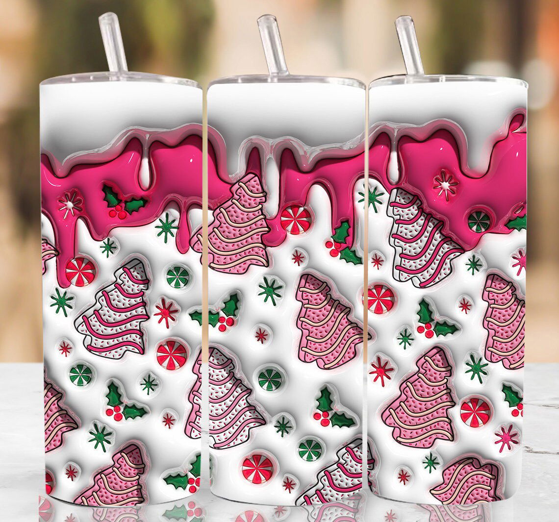 3D Pink Christmas Tree Cakes Inflated Tumbler Wrap 