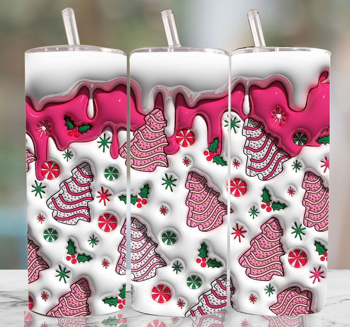 3D Pink Christmas Tree Cakes Inflated Tumbler Wrap 