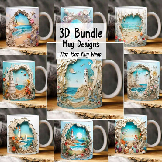 3D Hole In A Wall Beach Landscape Mug Wrap Bundle Design