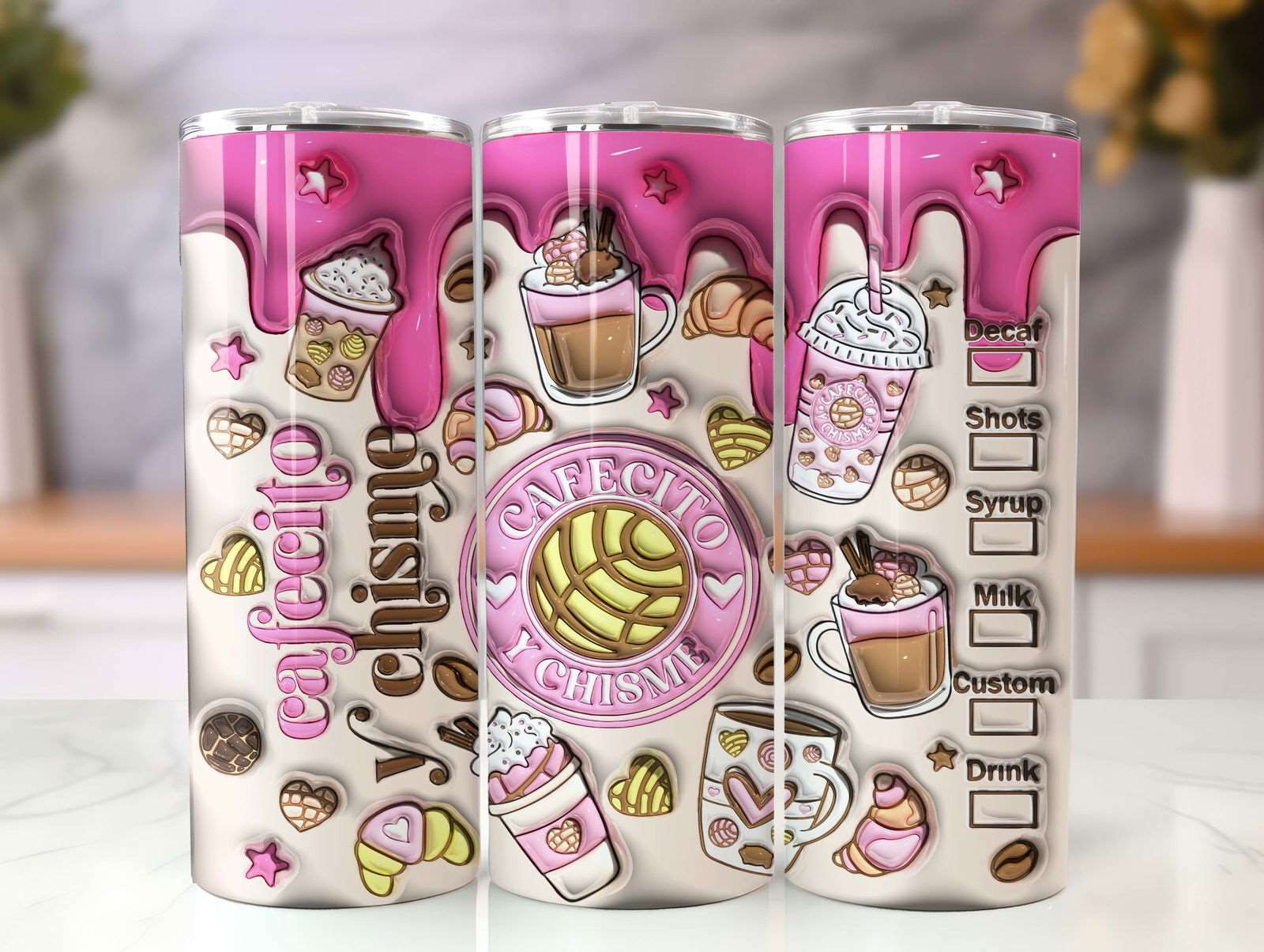 3D Inflated Cafecito Tumbler Wrap Cafecito y Chisme Tumbler