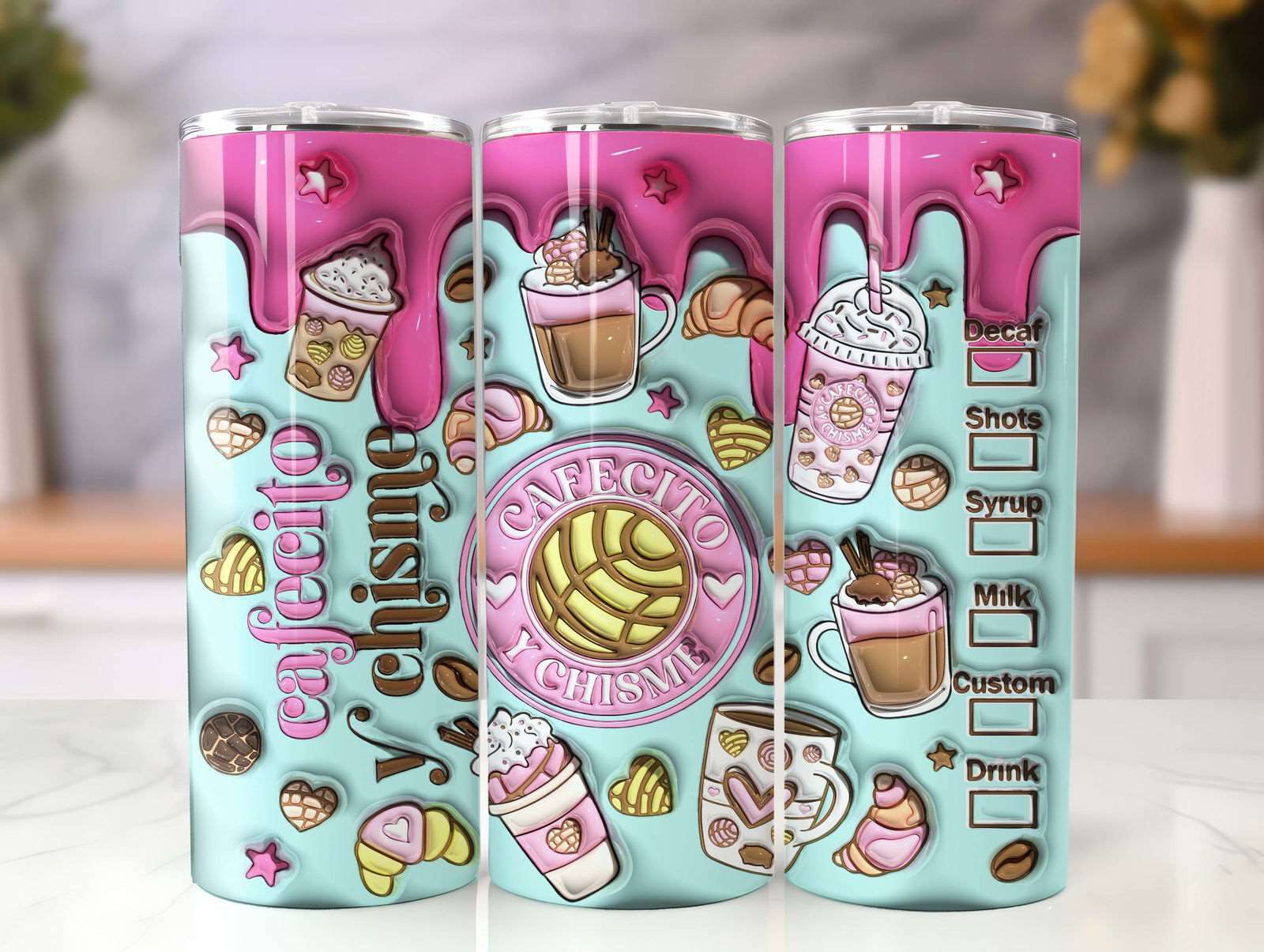 3D Inflated Cafecito Tumbler Wrap Cafecito y Chisme Tumbler