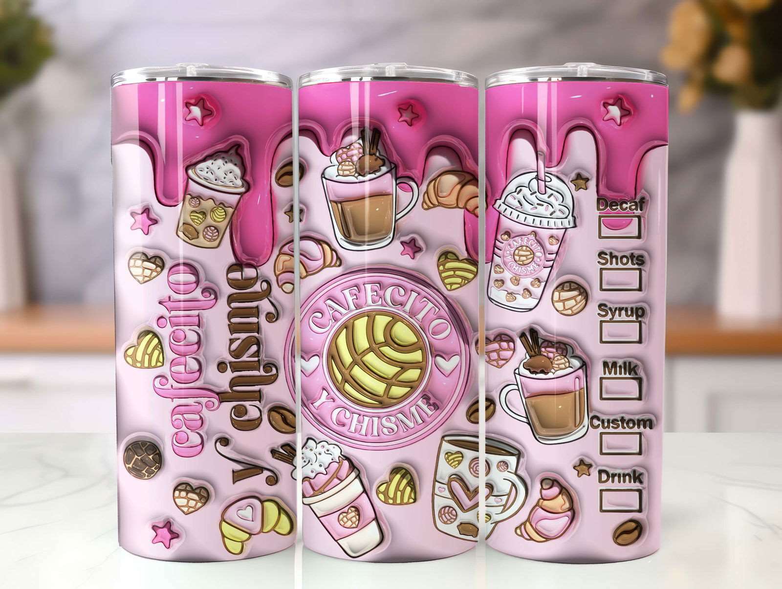 3D Inflated Cafecito Tumbler Wrap Cafecito y Chisme Tumbler
