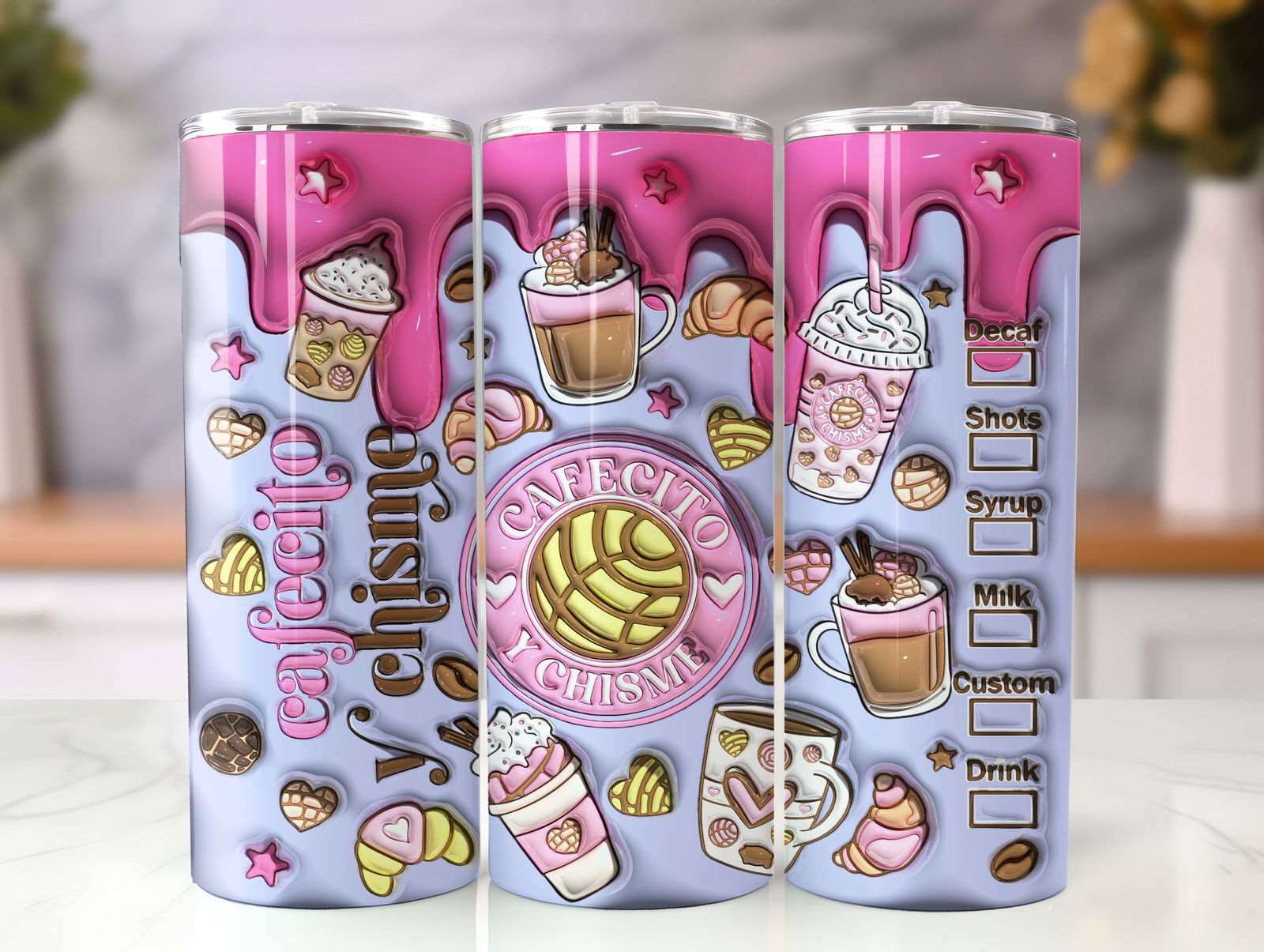3D Inflated Cafecito Tumbler Wrap Cafecito y Chisme Tumbler