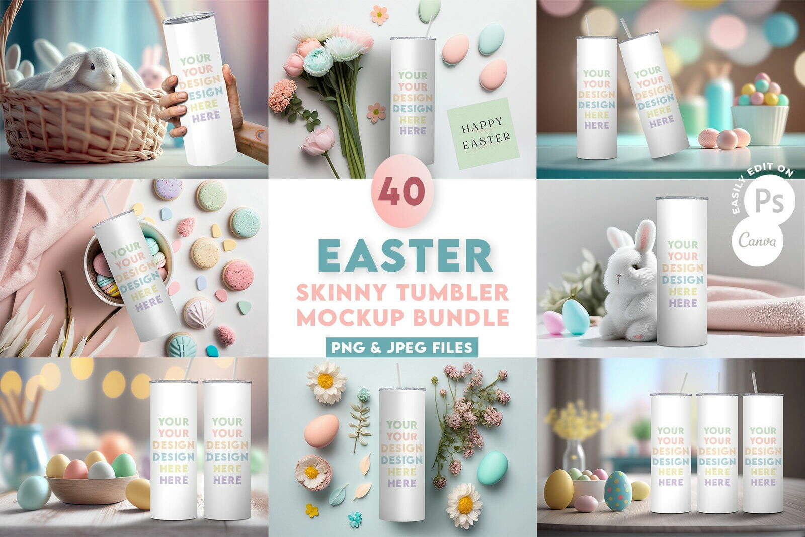 40 x Easter Theme Skinny Tumbler Mockup Mega Bundle - 20oz