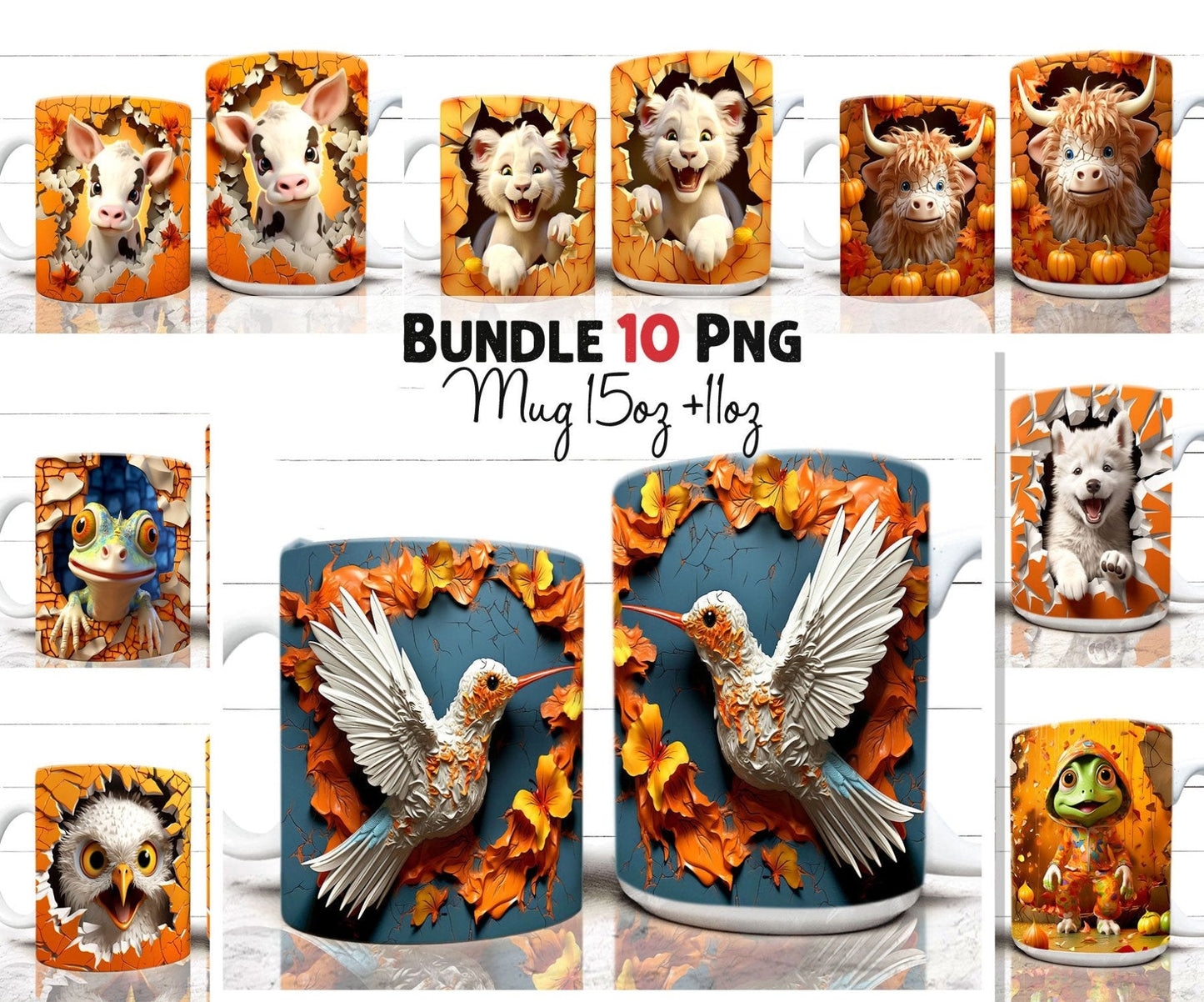 Bundle 3D Animals Mug Wrap Png 