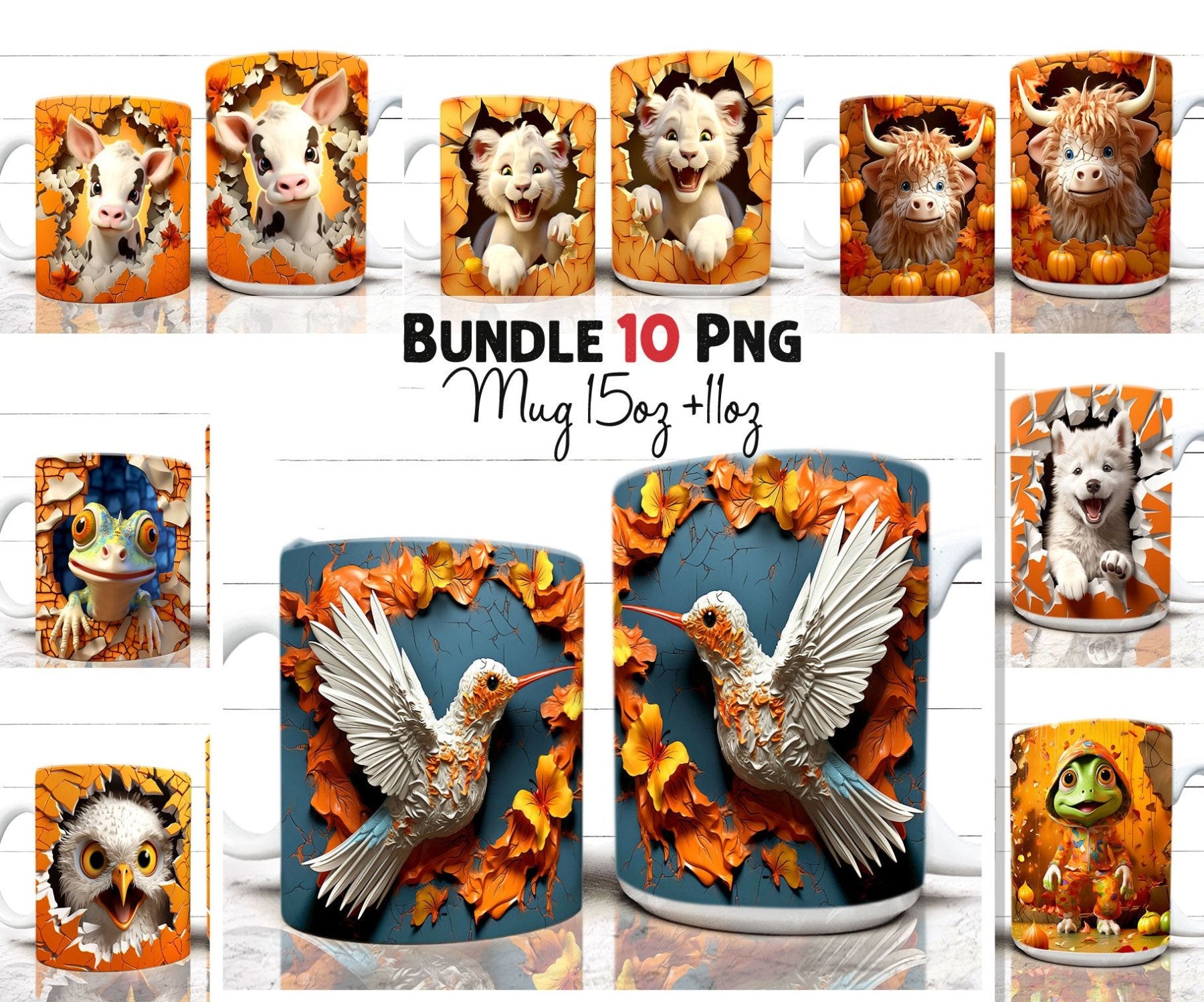 Bundle 3D Animals Mug Wrap Png 