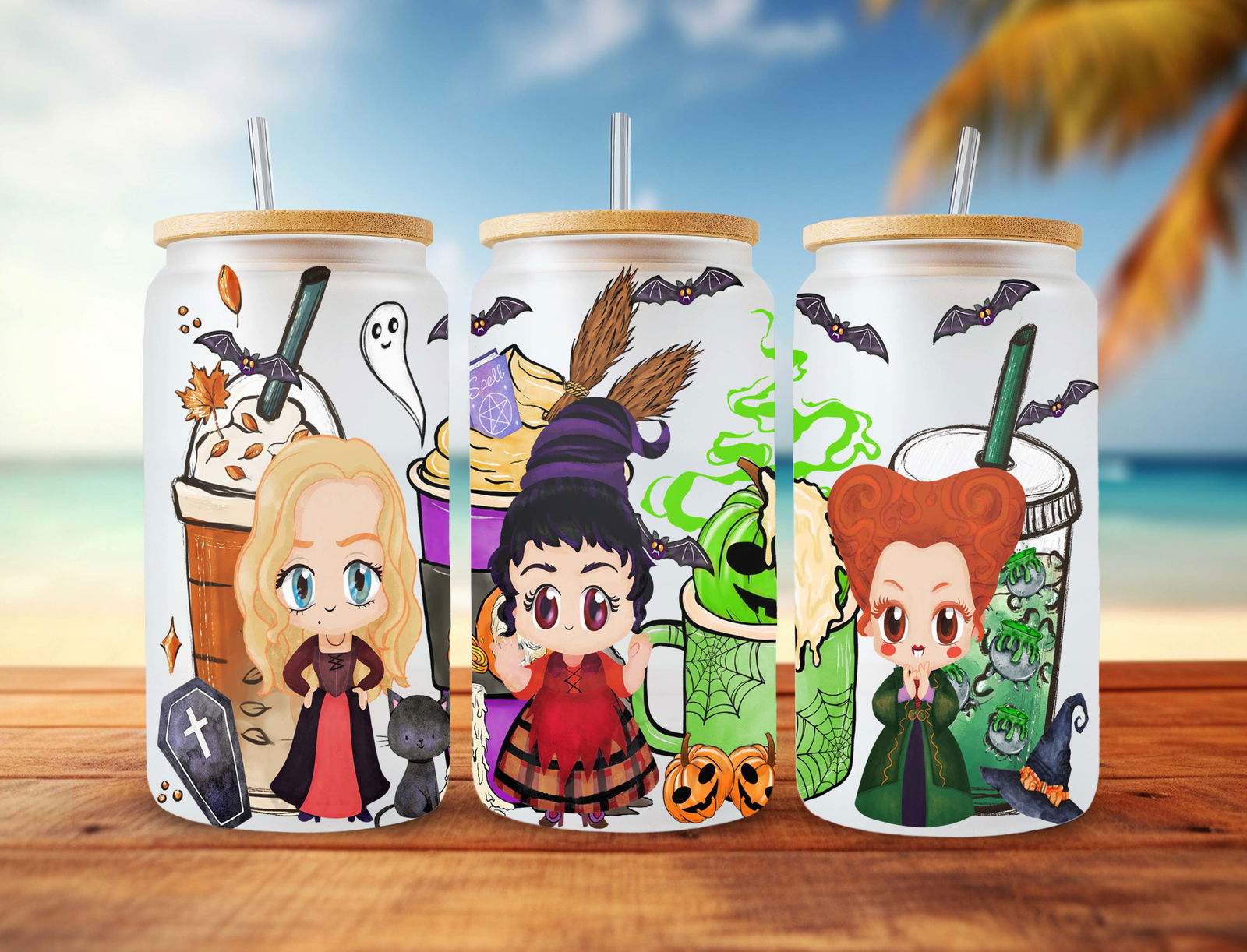 Cartoon Movies Characters Halloween 16oz Glass Can Wrap PNG Design 