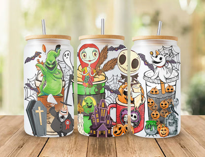 Horror Movies Character 16oz Glass Can Wrap Halloween Coffee PNG Design 