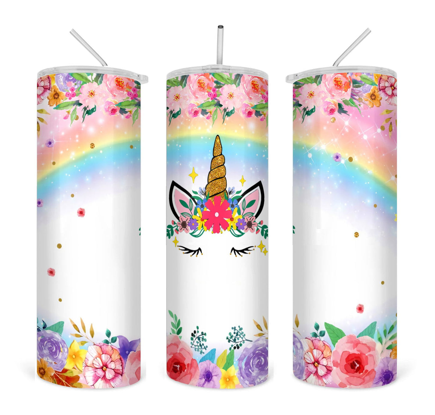 Unicorn Rainbow Flowers straight 20oz skinny tumbler digital 