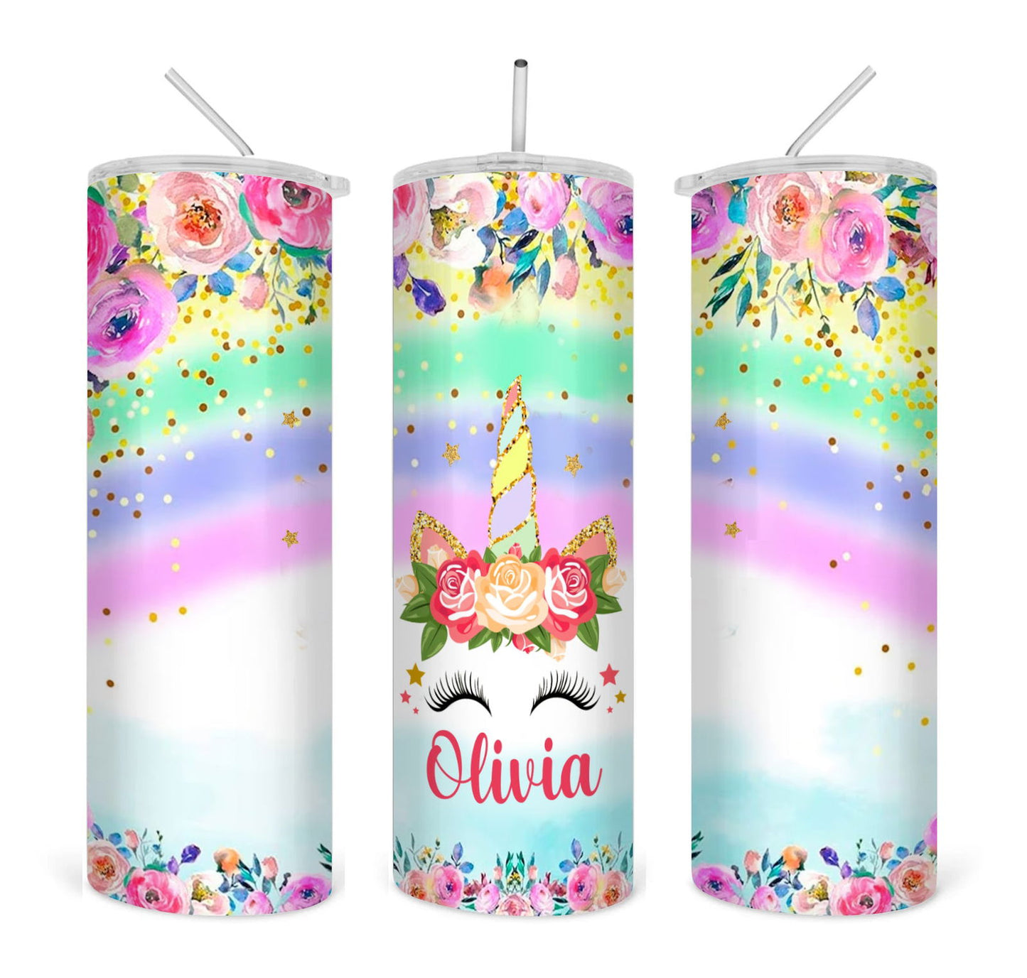 Unicorn Rainbow Flowers straight 20oz skinny tumbler digital 