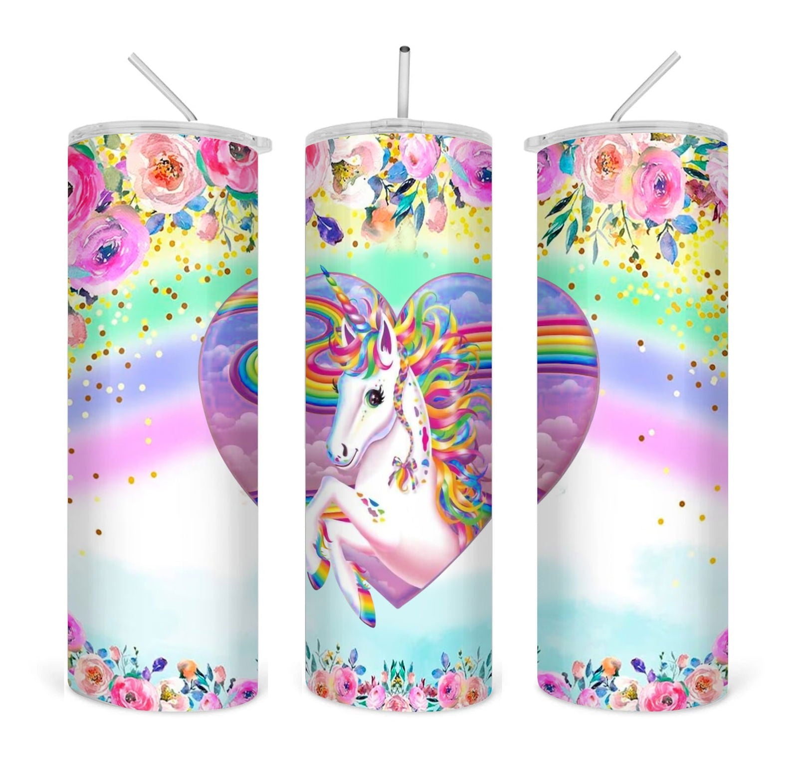 Unicorn Rainbow Flowers straight 20oz skinny tumbler digital 