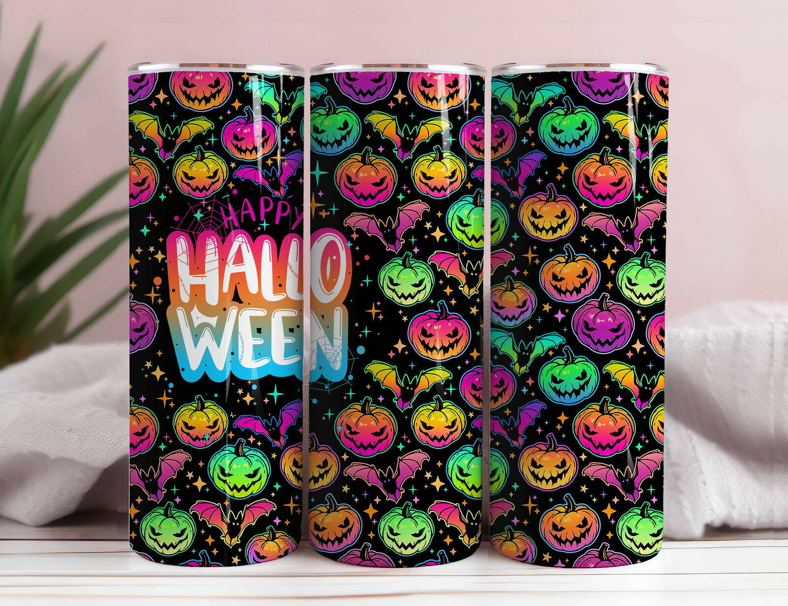 Bright Halloween Tumbler Wrap, Colorful Halloween Sublimation Design 20oz Skinny Tumbler Wrap