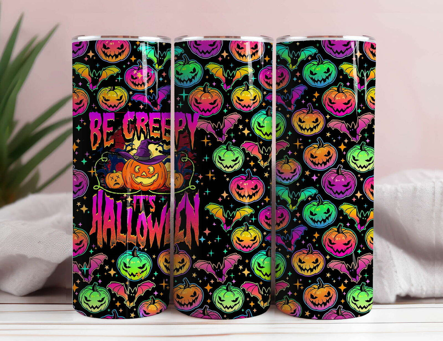 Bright Halloween Tumbler Wrap, Colorful Halloween Sublimation Design 20oz Skinny Tumbler Wrap