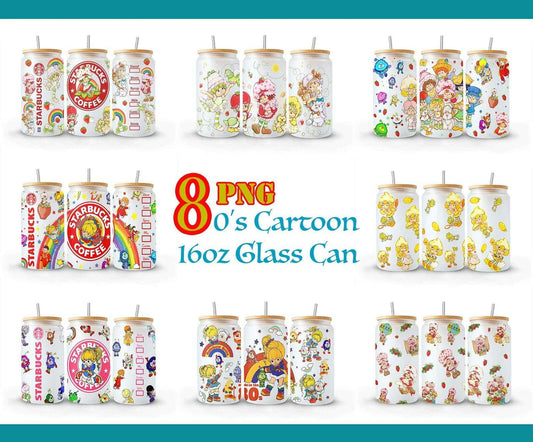 Bundle 80s Cartoon 16oz Glass Can Wrap, 16oz Libbey Can Glass PNG