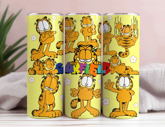 Cartoon 80's 20oz Tumbler Wrap, Yellow Cat Sublimation Design PNG Instant Download