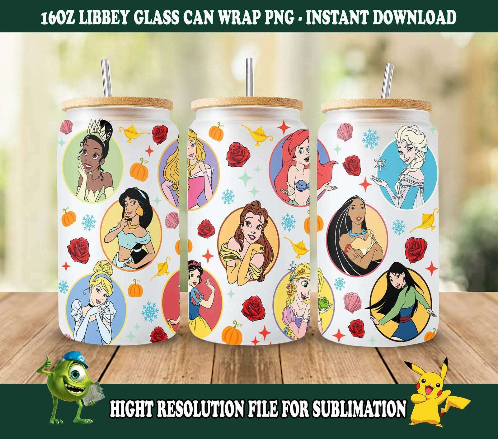 Cartoon Character 16oz Tumbler Wrap, Princess 16oz Libbey Can Glass, Full Tumbler Wrap