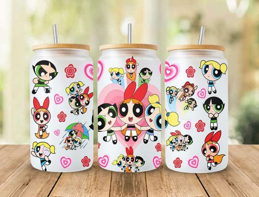 Cartoon Girls Libbey 16oz Glass Can Wrap PNG, Cute Cartoon Glass Can Design