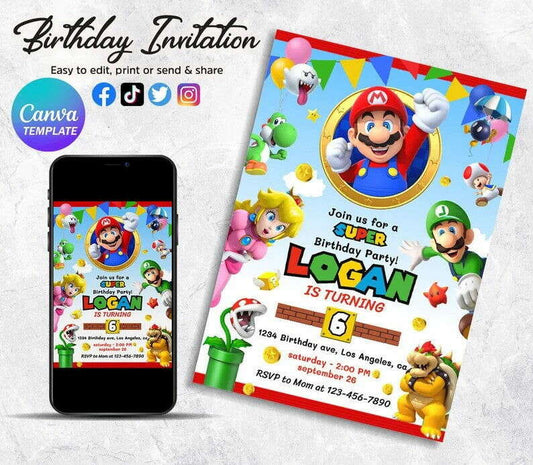 Editable Mario Bros Birthday Boy Invite, Mario Birthday Invitation, Mario Birthday Party Theme, Digital Invite, Kids Birthday Invitation