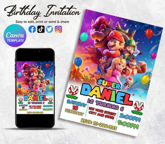 Editable Mario Invitation, Super Mario Invite, Luigi Invite, Mario Birthday Invitation, Mario Birthday Party Theme, Digital Invite