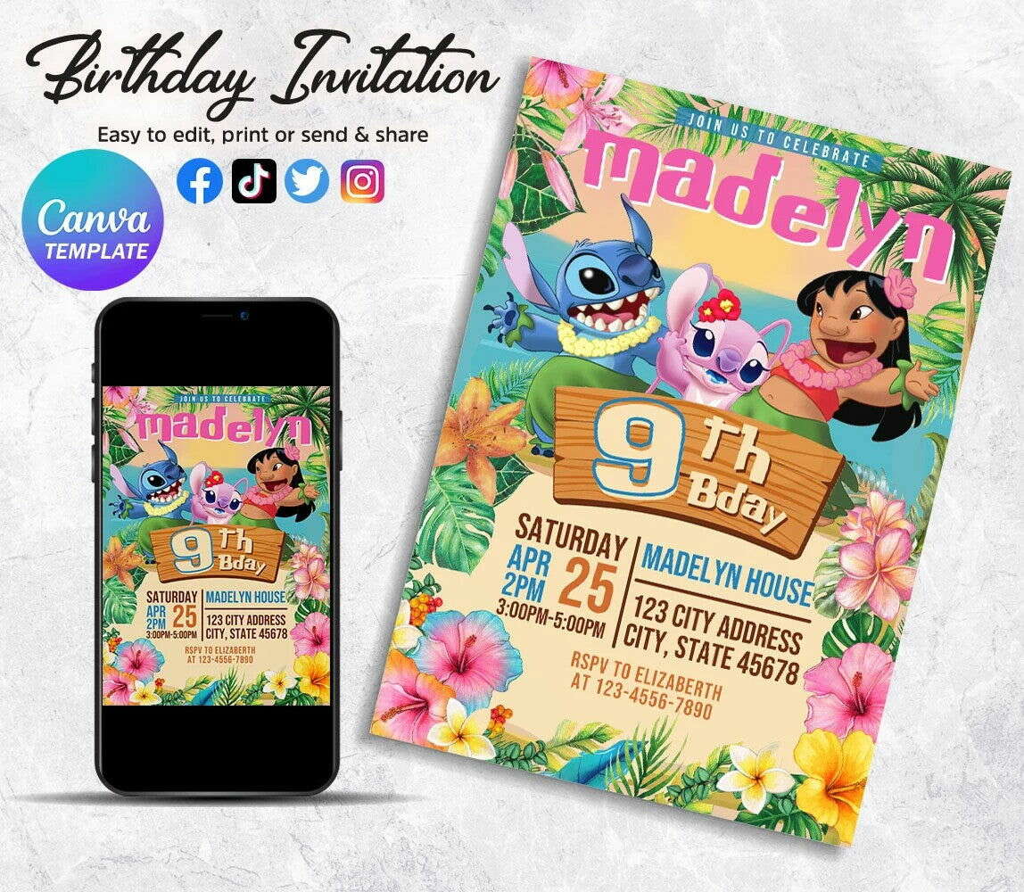 Editable Stitch Birthday Invitation, Canva Printable Birthday Party Invitations, Digital Party Invite, Birthday Party, Lilo And Stitch