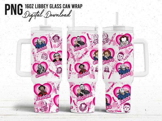 Pink Horror Tumbler Wrap Png, 40oz Tumbler, 16oz Can Glass, Halloween Sublimation, Horror Movie