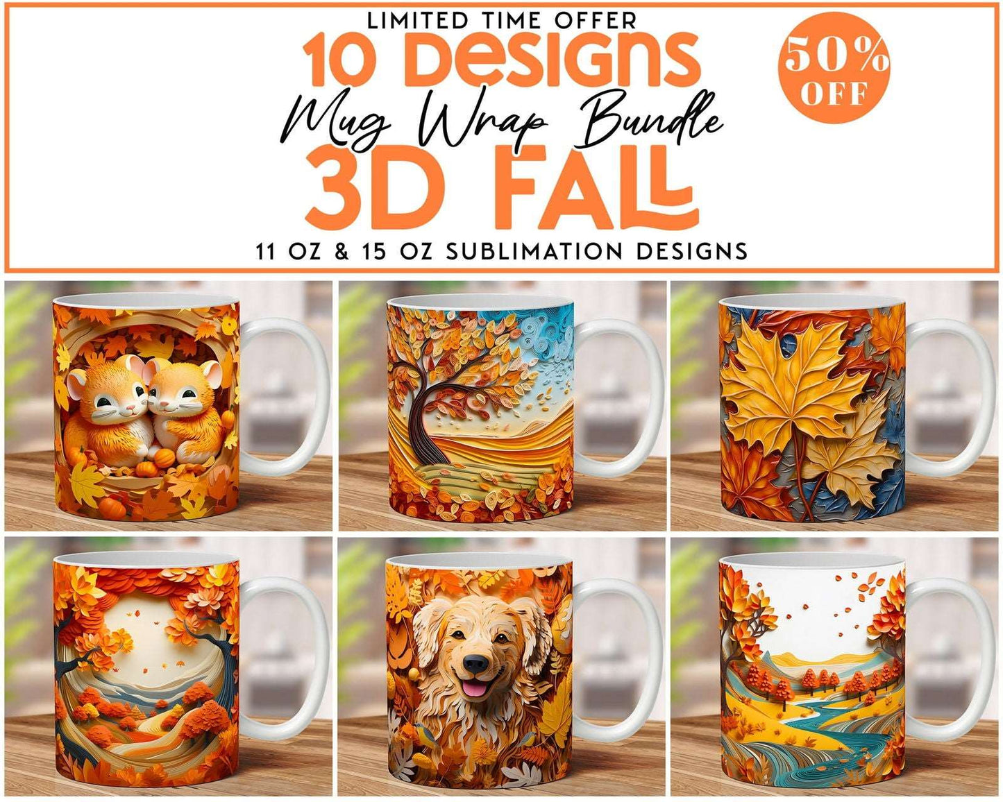 3D Fall Mug Wrap Bundle, 3D Fall Flowers Mug Wrap - Vartdigitals