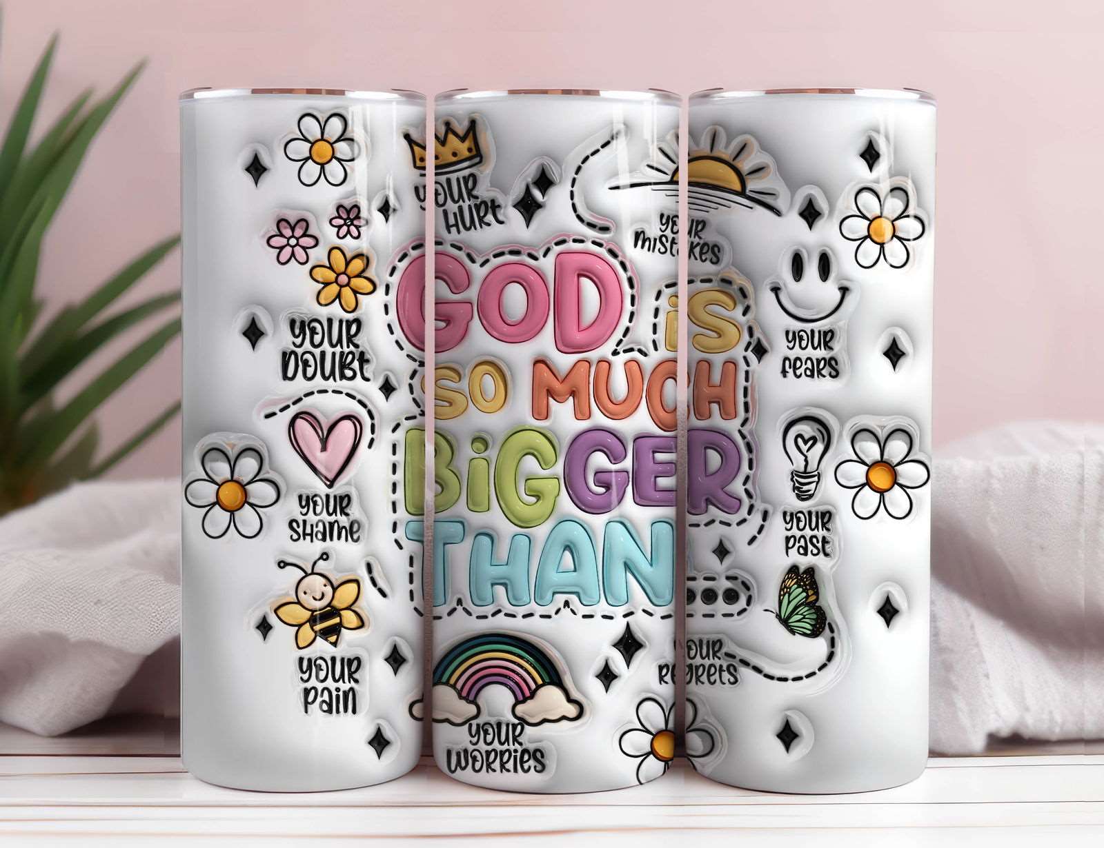 3D God is Bigger Inflated Tumbler Wrap, 3D Puffy Daisy - Vartdigitals