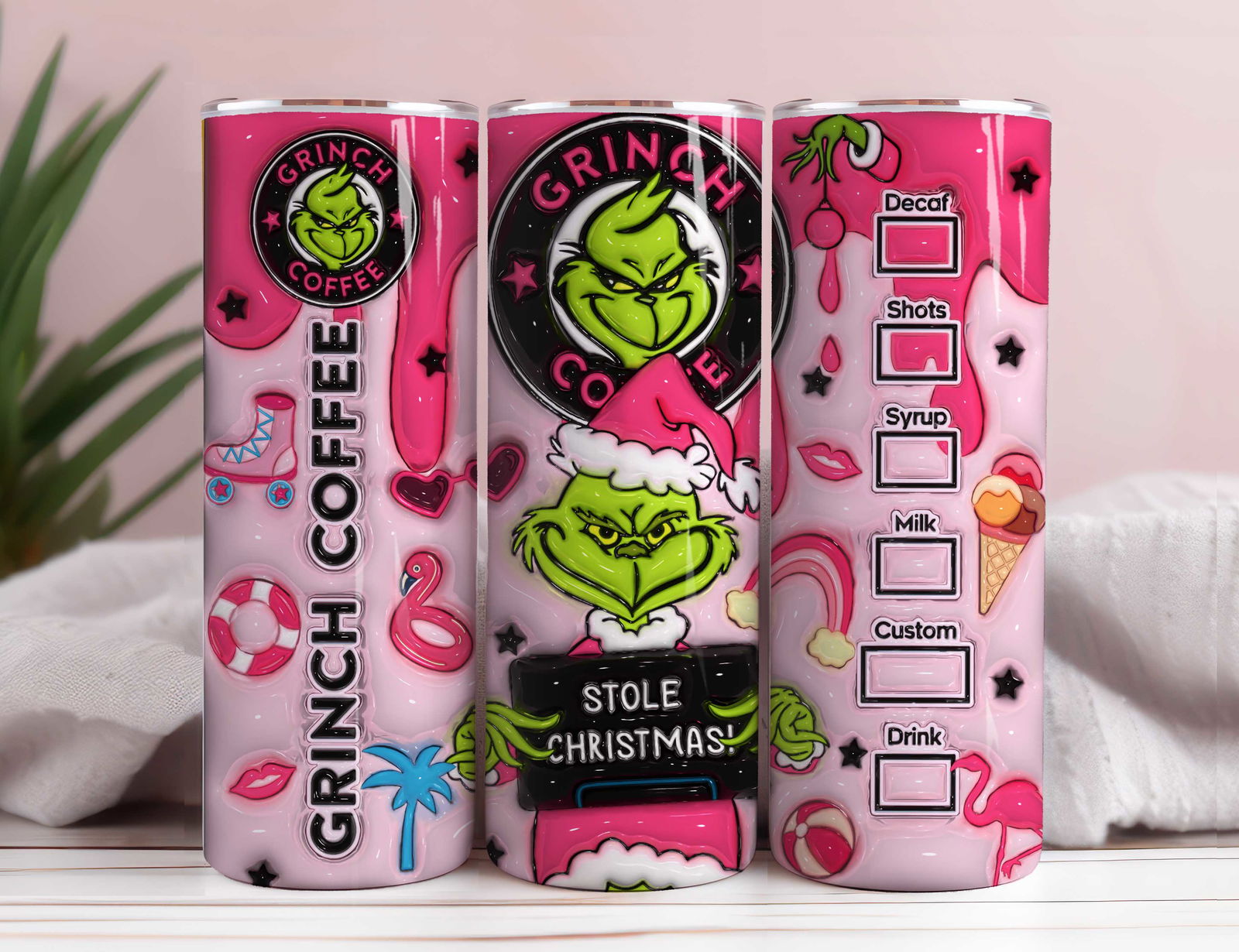 3D Inflated Pink Christmas Tumbler Wrap, Retro Merry Christmas - Vartdigitals