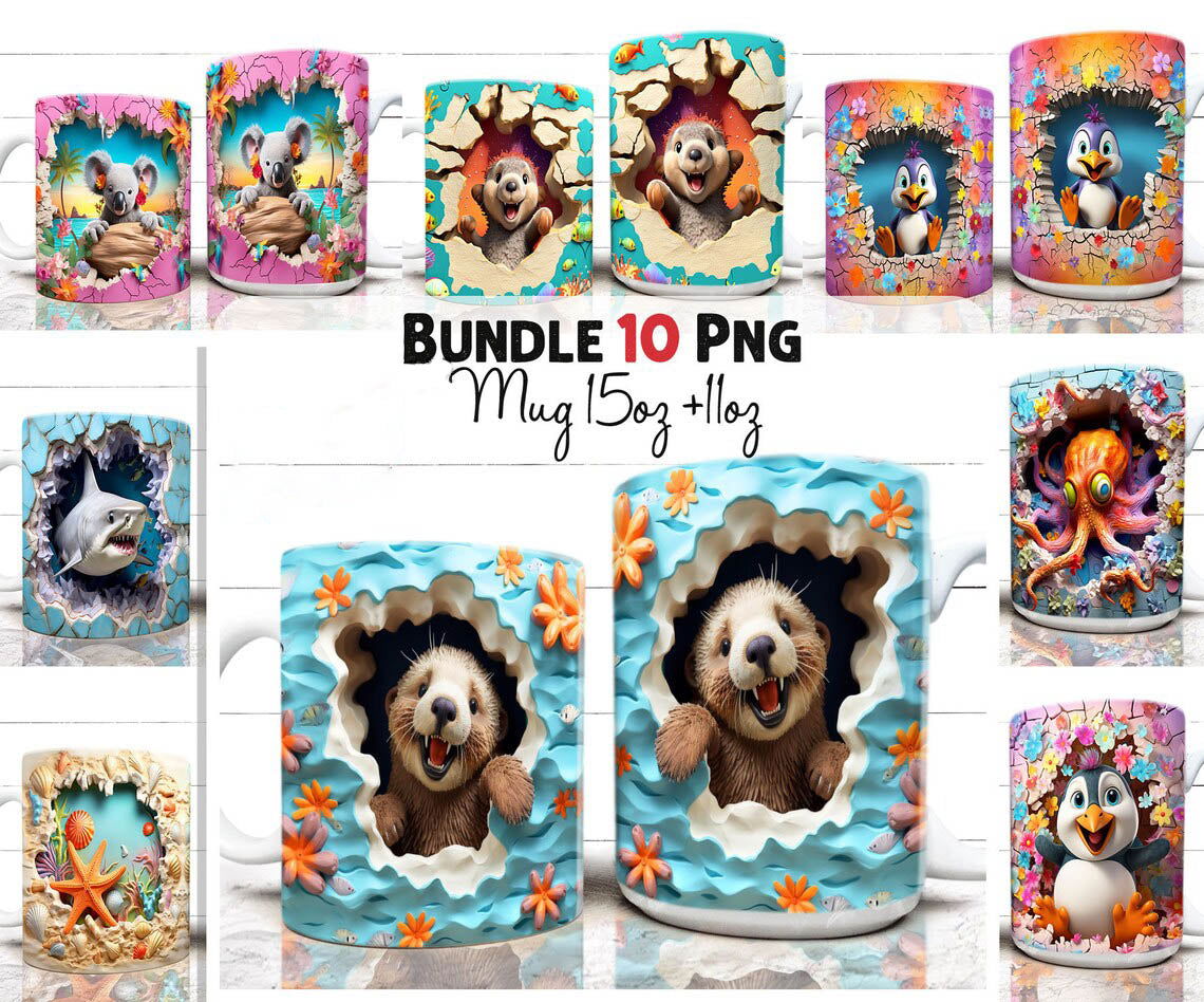 3D Mug Wrap Bundle, 3D Animal Mug Wrap - Vartdigitals