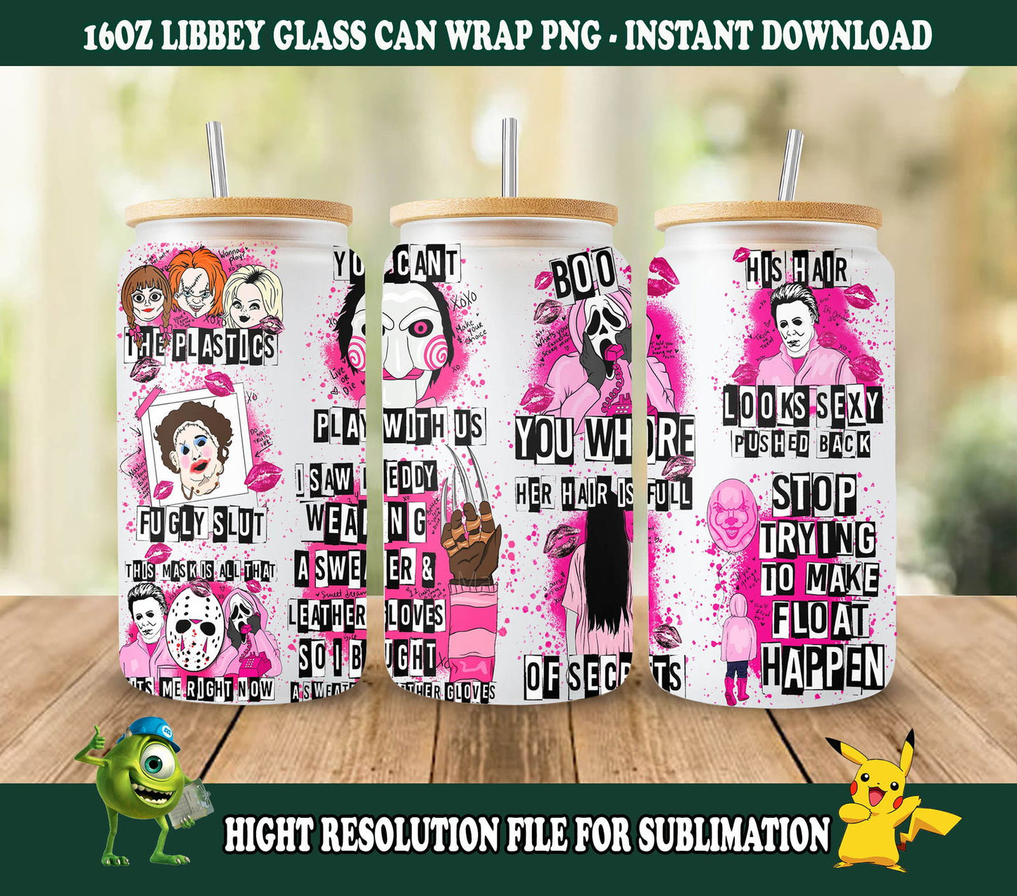 Movies 16oz Glass Can Wrap, Pink Halloween 16oz Glass Can Png - Vartdigitals