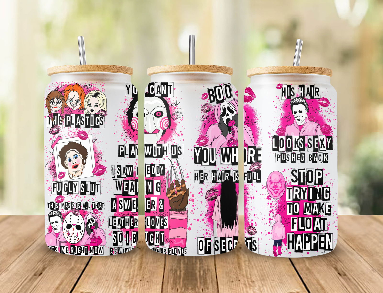 Movies 16oz Glass Can Wrap, Pink Halloween 16oz Glass Can Png - Vartdigitals