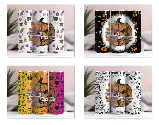 Sorta Sweet Sorta Spooky Seamless Tumbler Wrap, Floral Pumpkin Png