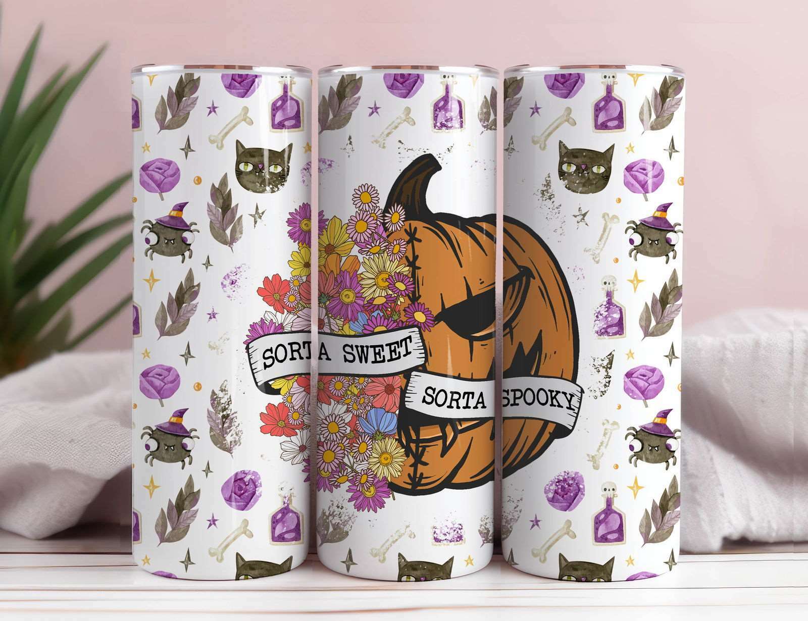 Sorta Sweet Sorta Spooky Seamless Tumbler Wrap, Floral Pumpkin Png