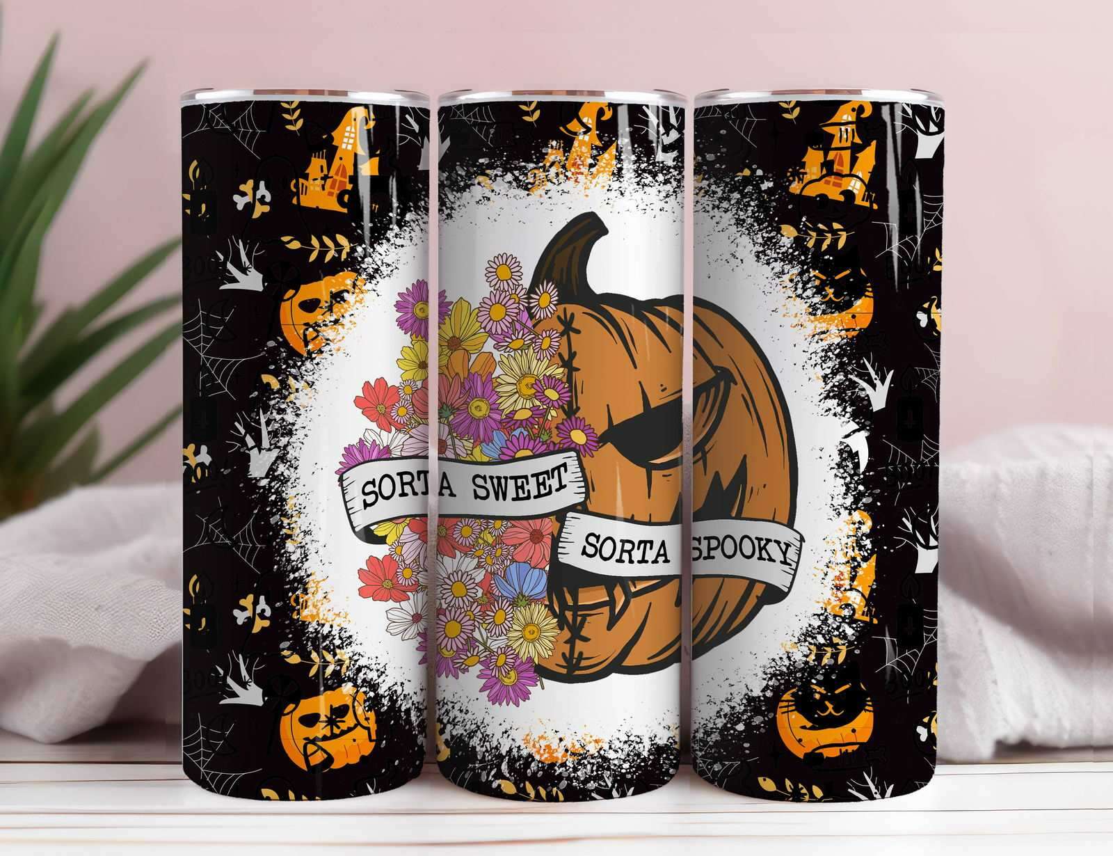 Sorta Sweet Sorta Spooky Seamless Tumbler Wrap, Floral Pumpkin Png