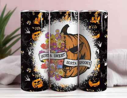 Sorta Sweet Sorta Spooky Seamless Tumbler Wrap, Floral Pumpkin Png
