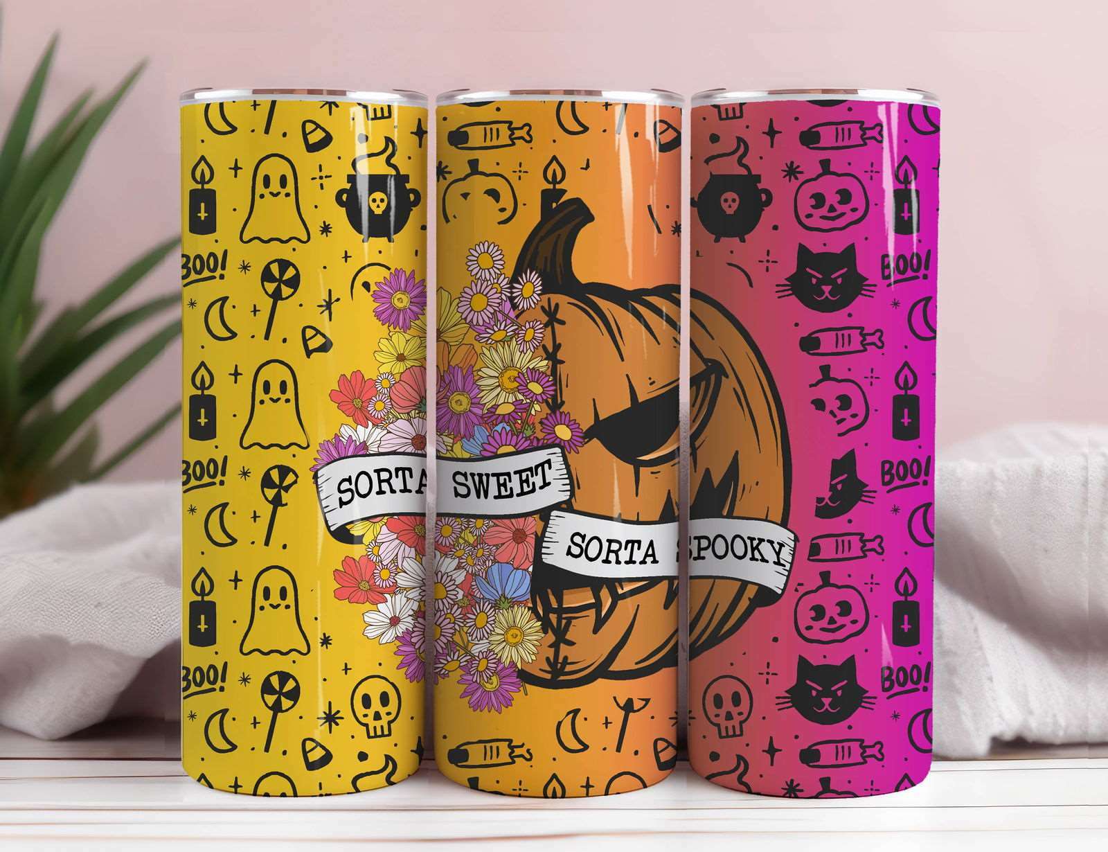 Sorta Sweet Sorta Spooky Seamless Tumbler Wrap, Floral Pumpkin Png