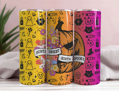 Sorta Sweet Sorta Spooky Seamless Tumbler Wrap, Floral Pumpkin Png